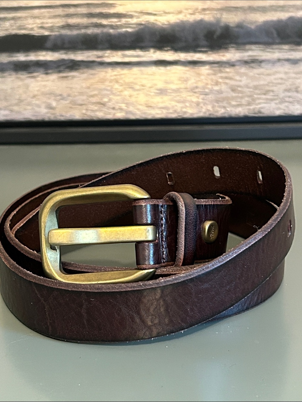 Fossil Women’s brown leather belt with brushed gold tone buckle.